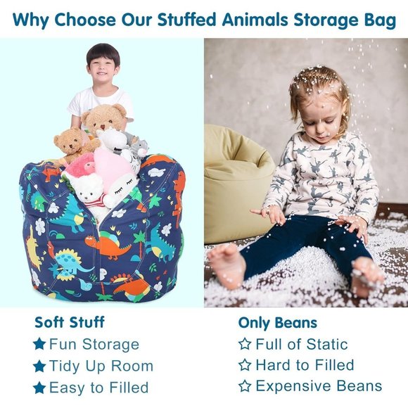 Dinosaur Stuffed Animal Storage Bean Bag Chair Cover Kids Zipper Toys Plush Kids - Picture 6 of 7